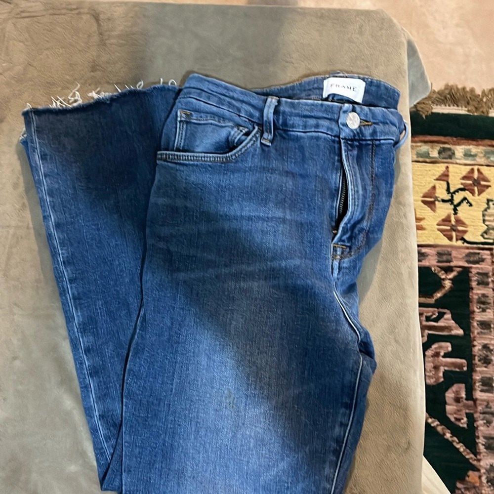 Frame size 32 boot cut jeans. Great washed finish but still plenty of color.
